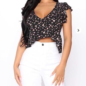 Fashion Nova Black Blouse with Pink Floral Pattern